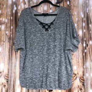 AGB Women V-Neck Blouse Top Black Lace Studded Detail Plus Size Gray 1X
